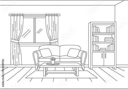 Detailed black and white line art illustration of a modern minimalist living room interior with furniture, perfect for design projects