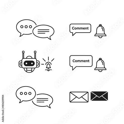 “Chatbot and Notification Icons – Speech Bubble, Comment, Email, Message, and Alert System Vector Set”

