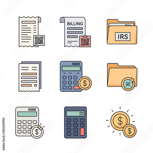 “Billing and IRS Tax Document Icons – Calculator, Receipt Files, Dollar Coin, and Financial Paperwork Vector Pack”

