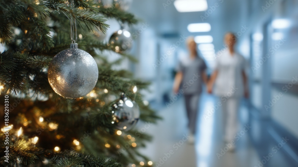 Fototapeta premium A beautifully adorned Christmas tree stands proudly in a hospital corridor, its silver ornaments glinting softly in the light