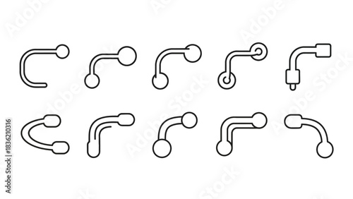 Set of ten different black and line art icons representing various bent tube or pipe fittings with ball ends