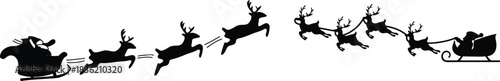 Santa Set Claus riding sleigh with reindeer, flying Christmas silhouette illustration, festive holiday scene, winter Christmas vector art, traditional Santa sleigh
