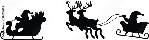 Christmas silhouette of santa claus riding sleigh pulled by reindeer with stars in night sky, festive holiday illustration.Santa Claus silhouette riding in a sleigh pulled by reindeer vector 
