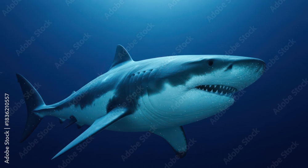 Fototapeta premium Majestic great white shark gliding through the deep blue ocean water showcasing its predatory