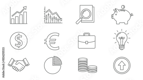 Set of finance and business line icons including chart, money, handshake, piggy bank and idea lightbulb