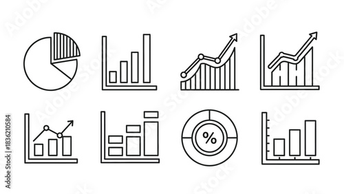 Collection of eight simple line icons representing various types of business data visualization charts and graphs