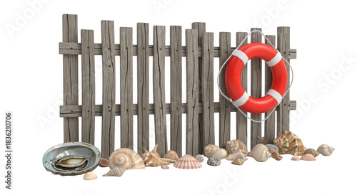 Rustic wooden beach fence with lifebuoy seashells and metal bowl isolated on transparent background