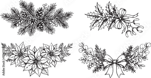 Hand Drawn Christmas Floral Arrangements Set with Poinsettia Pinecones Mistletoe and Holly Vector