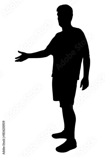 Man silhouette standing, extending hand, inviting to connect or greet. Vector illustration