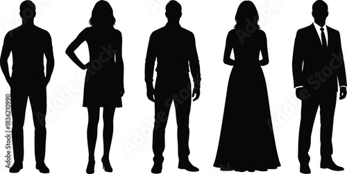 Silhouettes of men and women in various outfits posing standing in casual, formal, and elegant fashion styles for design use.