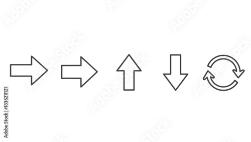 Set of five simple outline icons representing different directions and a refresh symbol