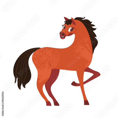 Vector illustration of a cute red brown horse with a dark mane and tail on a white background