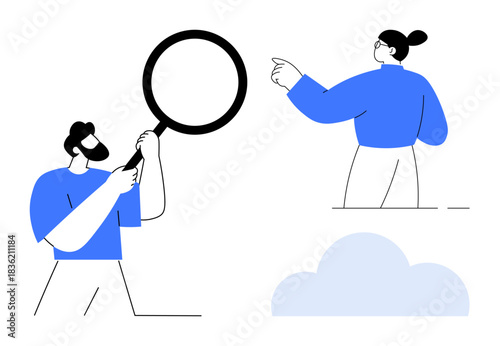 Research, teamwork, digital tools, exploration, collaboration, data analysis. A man inspects with a magnifying glass, while a woman points nearby with a cloud beneath. Research and collaboration