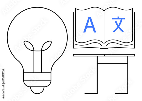 Education, innovation, translation, linguistics, global communication, creativity. Minimalist drawing of a light bulb, open book with letters and desk. Education and innovation concept