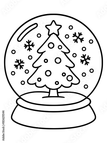 christmas tree in a snow globe bold, cute and easy kids christmas coloring page, activity vector art illustration svg