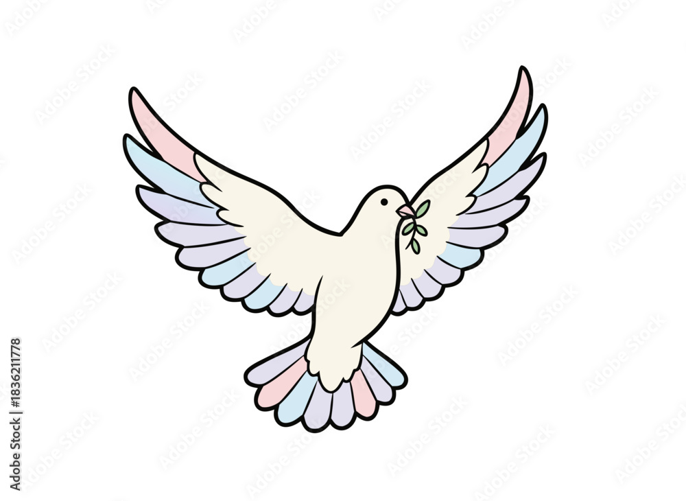 Fototapeta premium A white dove with a green olive branch in its beak flies with pastel colored wing feathers isolated on a black background symbolizing peace and hope flat vector illustration