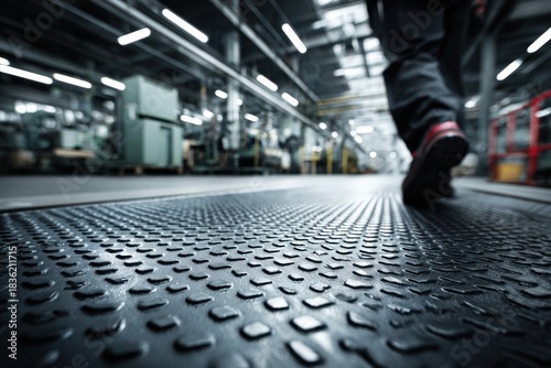 Person walking on textured industrial rubber floor in factory