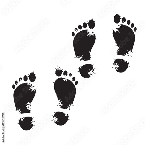 Grungy black human footprints isolated vector illustration for tracking journey or discovery concept