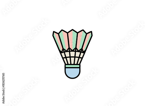 A vector illustration of a badminton shuttlecock with pastel colored feathers and a light blue base centered and isolated on a black background representing the sport of badminton