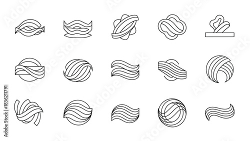 Set of fifteen abstract line art icons representing swirling ribbon or wave shapes