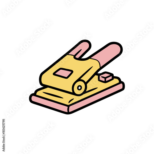 A yellow and pink office hole puncher with a simple rounded shape in a flat vector art style