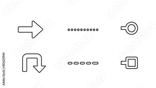 Set of six simple black outline icons representing navigation, connection and interface elements