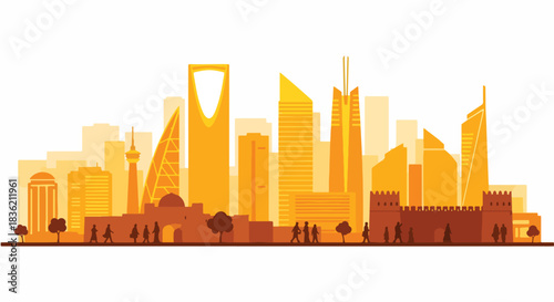Riyadh Skyline Silhouette with Modern Skyscrapers and Traditional Architecture, People Walking in the Foreground, Golden Orange Hues, Vector Illustration