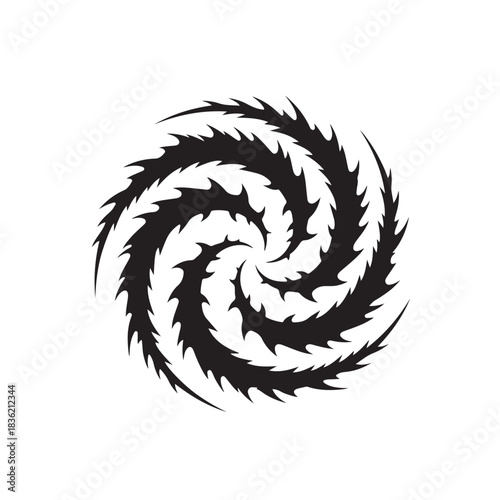 Abstract black spiral vortex sharp spiky design element representing danger or energy isolated on wh