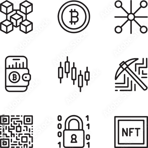 Cryptocurrency icons such as blockchain bitcoin digital wallet stock exchange