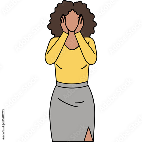 Woman With Curly Hair Yellow Long Sleeved Shirt Grey Skirt Covering Face With Hands In Sadness Or Distress Against Black Background