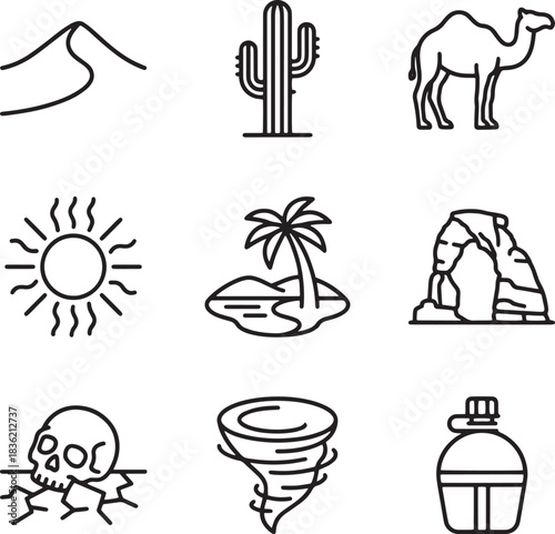 Desert landscape vector icons set dune cactus camel sun oasis rock tornado skull