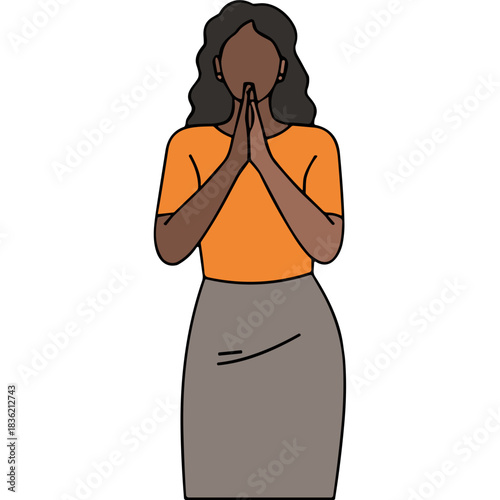 Woman With Dark Skin And Wavy Hair Wearing An Orange Short Sleeve Shirt And A Grey Skirt Palms Pressed Together In A Gesture Of Prayer Or Greeting Against A Black Background Simple Illustration