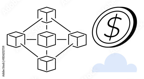 Blockchain technology, cryptocurrency, financial transactions, data security, cloud computing, decentralized systems. Diagram of interconnected blocks, dollar coin symbol and cloud icon. Blockchain