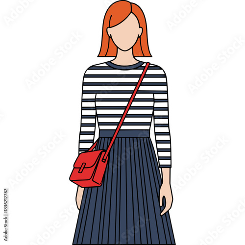 Woman with Red Handbag Wearing Striped Long Sleeve Shirt and Navy Blue Pleated Skirt Against Black Background