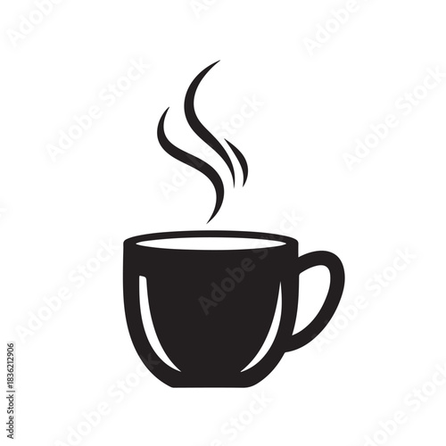 Minimalist black silhouette icon of a steaming coffee cup perfect for cafe menus web design or app interfaces isolated on white background