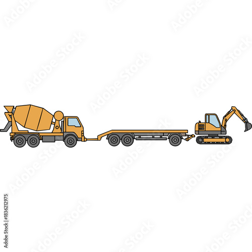 Yellow Cement Mixer Truck Towing Excavator on Flatbed Trailer Construction Site Transportation Industrial Machinery Heavy Equipment Hauling Vehicle