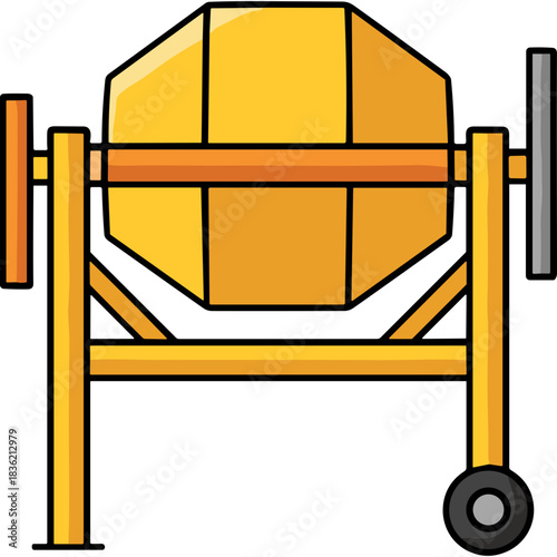 Yellow Cement Mixer Machine on a Stand with Wheels and Cranking Handle on a Plain Black Background Industrial Construction Equipment