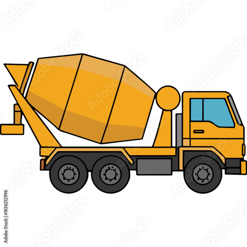Yellow Cement Mixer Truck with Three Axles and Large Rotating Drum on a Black Background