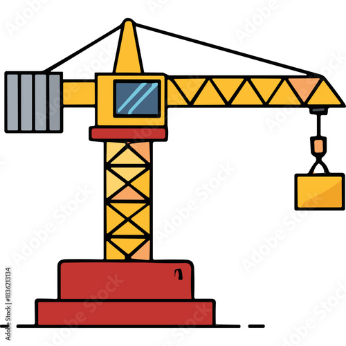 Yellow Construction Crane with Red Base Lifting a Yellow Box on a Black Background Flat Design Style