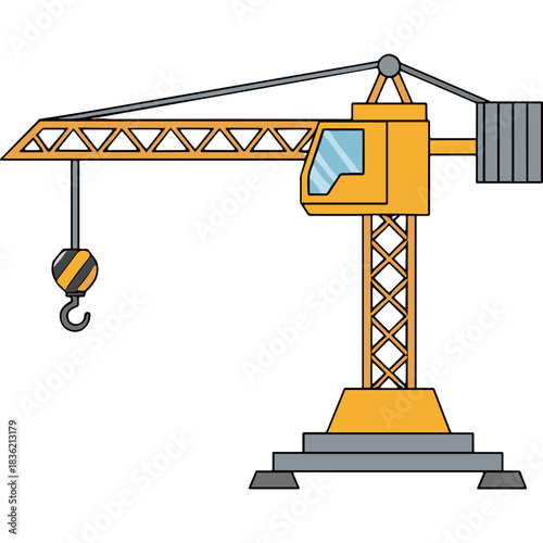 Yellow Construction Tower Crane With Hook And Steel Counterweights On A Grey Base Against A Black Background Vector Illustration