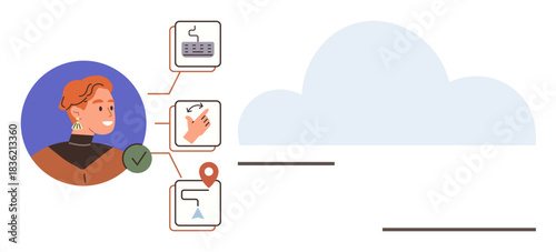 Person engaging with cloud transfer operations, keyboard, hand swipe, and location visuals. Ideal for user interface, data transfer, technology, connectivity, cloud services interactivity simple