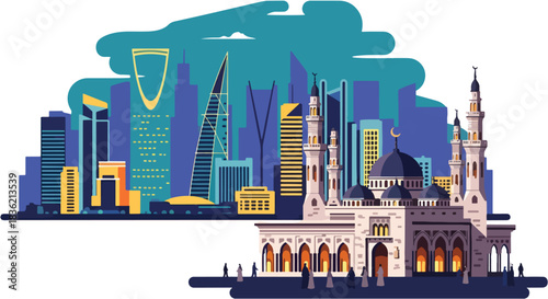 Riyadh cityscape skyline with modern skyscrapers and traditional Islamic mosque architecture illuminated at dusk