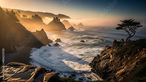 Fototapeta Naklejka Na Ścianę i Meble -  Dramatic sunset over rugged coastline with crashing ocean wave