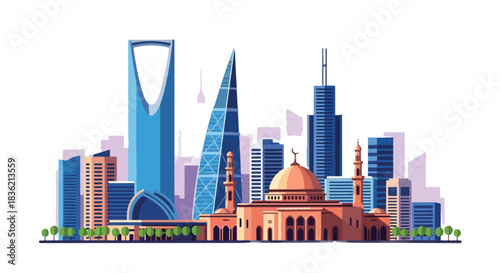 Riyadh Cityscape Skyline Illustration Featuring Iconic Kingdom Centre Tower and a Mosque with a Dome and Minarets against a White Background