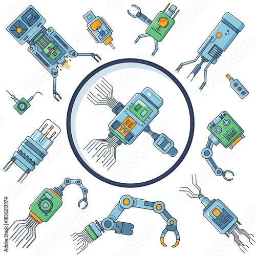 Collection of various robotic arms, grippers, and mechanical components with circuit board details, illustrating advanced technology and automation.