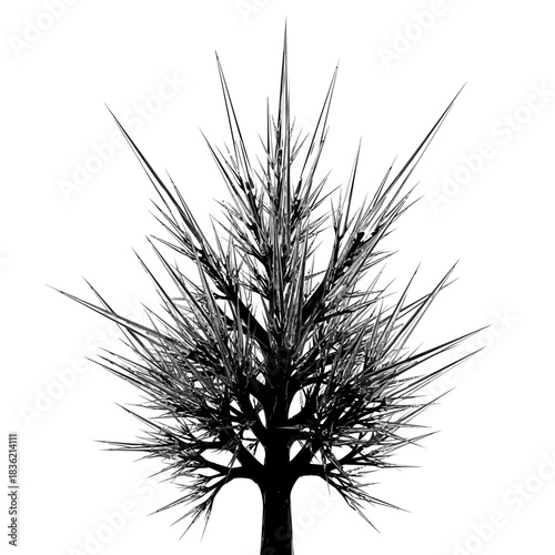 A stark black and white graphic illustration of a stylized tree with sharp, spiky branches extending outwards against a white background.