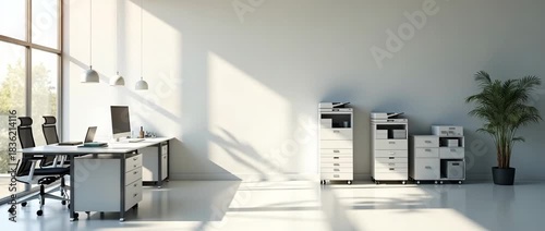 Modern office workspace with sleek desks and printers bathed in natural light, as leaves gently sway outside large windows; a smooth pan enhances this cinematic business environment.