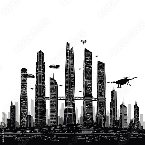 Black and white illustration of a futuristic city skyline with modern skyscrapers and flying vehicles.