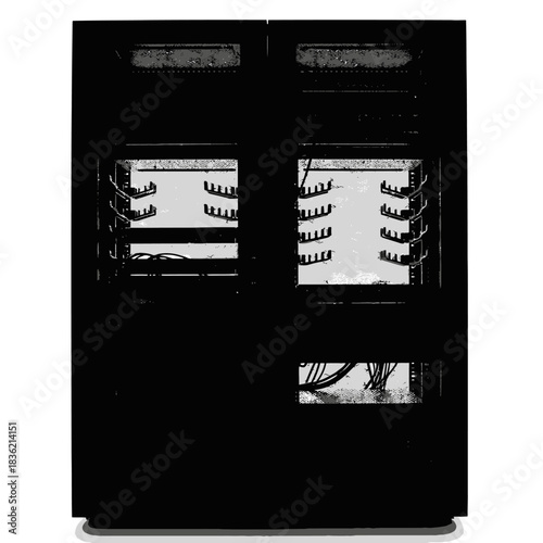 A black industrial server rack or electronic equipment cabinet with internal components and wiring.