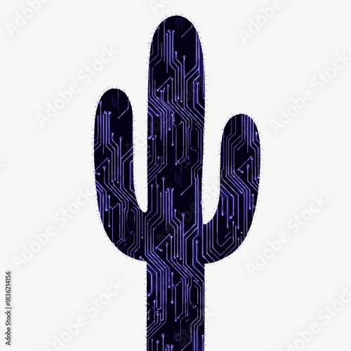 Saguaro cactus silhouette filled with intricate purple circuit board pattern, blending natural desert flora with advanced technology on a white background.